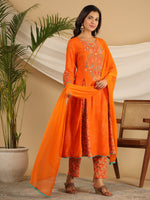 Thumbnail for Juniper The Ornamental Bloom Orange Floral Print Kalidar Rayon Slub Kurta Pant & Dupatta Set With 3D Beads - Distacart