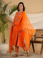 Thumbnail for Juniper The Ornamental Bloom Orange Floral Print Kalidar Rayon Slub Kurta Pant & Dupatta Set With 3D Beads - Distacart