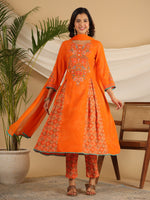Thumbnail for Juniper The Ornamental Bloom Orange Floral Print Kalidar Rayon Slub Kurta Pant & Dupatta Set With 3D Beads - Distacart