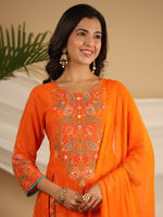 Thumbnail for Juniper The Ornamental Bloom Orange Floral Print Kalidar Rayon Slub Kurta Pant & Dupatta Set With 3D Beads - Distacart