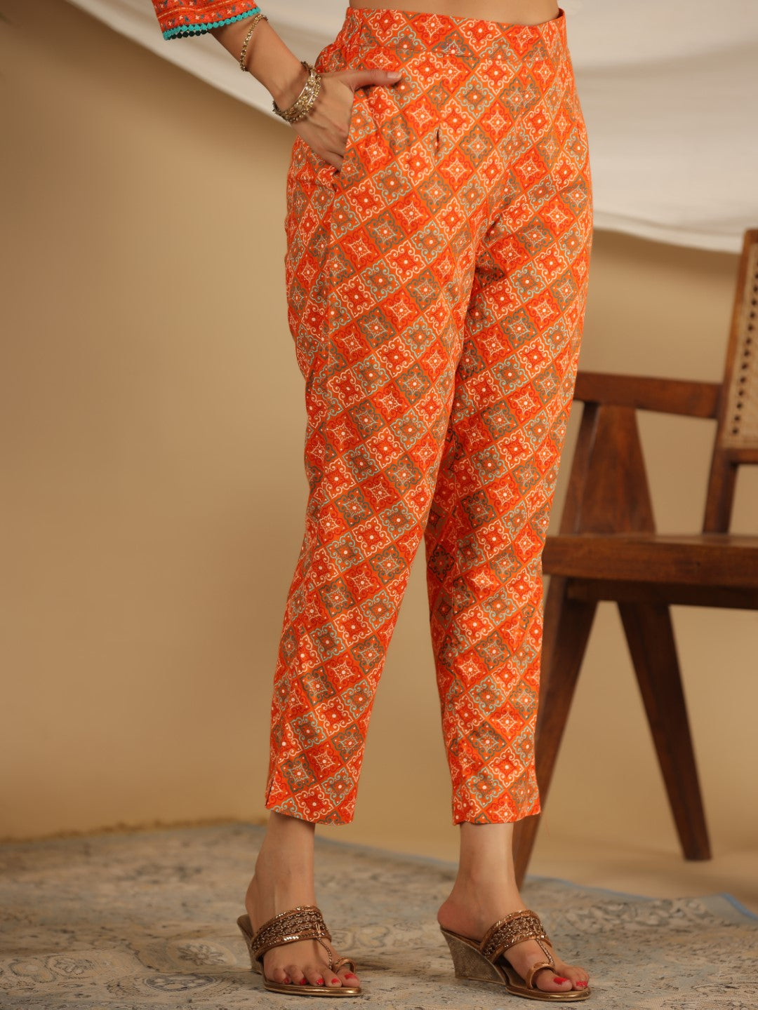 Juniper The Ornamental Bloom Orange Floral Print Kalidar Rayon Slub Kurta Pant & Dupatta Set With 3D Beads - Distacart