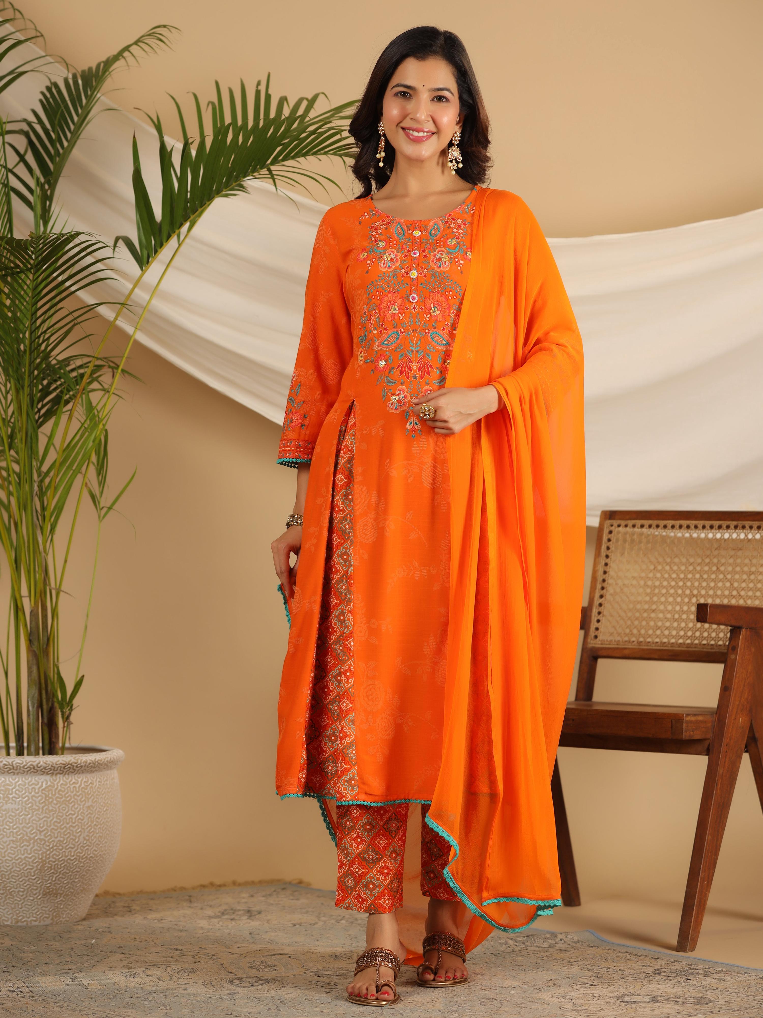 Juniper The Ornamental Bloom Orange Floral Print Kalidar Rayon Slub Kurta Pant & Dupatta Set With 3D Beads - Distacart