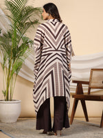 Thumbnail for Juniper Brown Stripe Print Cotton Lacy Kaftan & Pants Co-Ord Set & Inner With Contrast Kantha And Bead Work - Distacart
