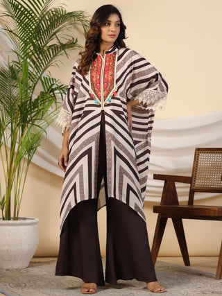 Juniper Brown Stripe Print Cotton Lacy Kaftan & Pants Co-Ord Set & Inner With Contrast Kantha And Bead Work - Distacart