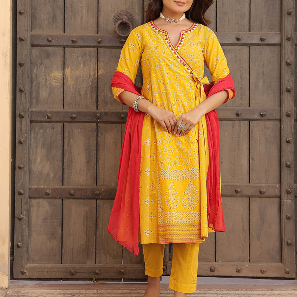 Juniper Mustard Bandhani Print Angrakha Cotton Kurta With Pants & Dupatta Set With Mirror Work Embroidery - Distacart