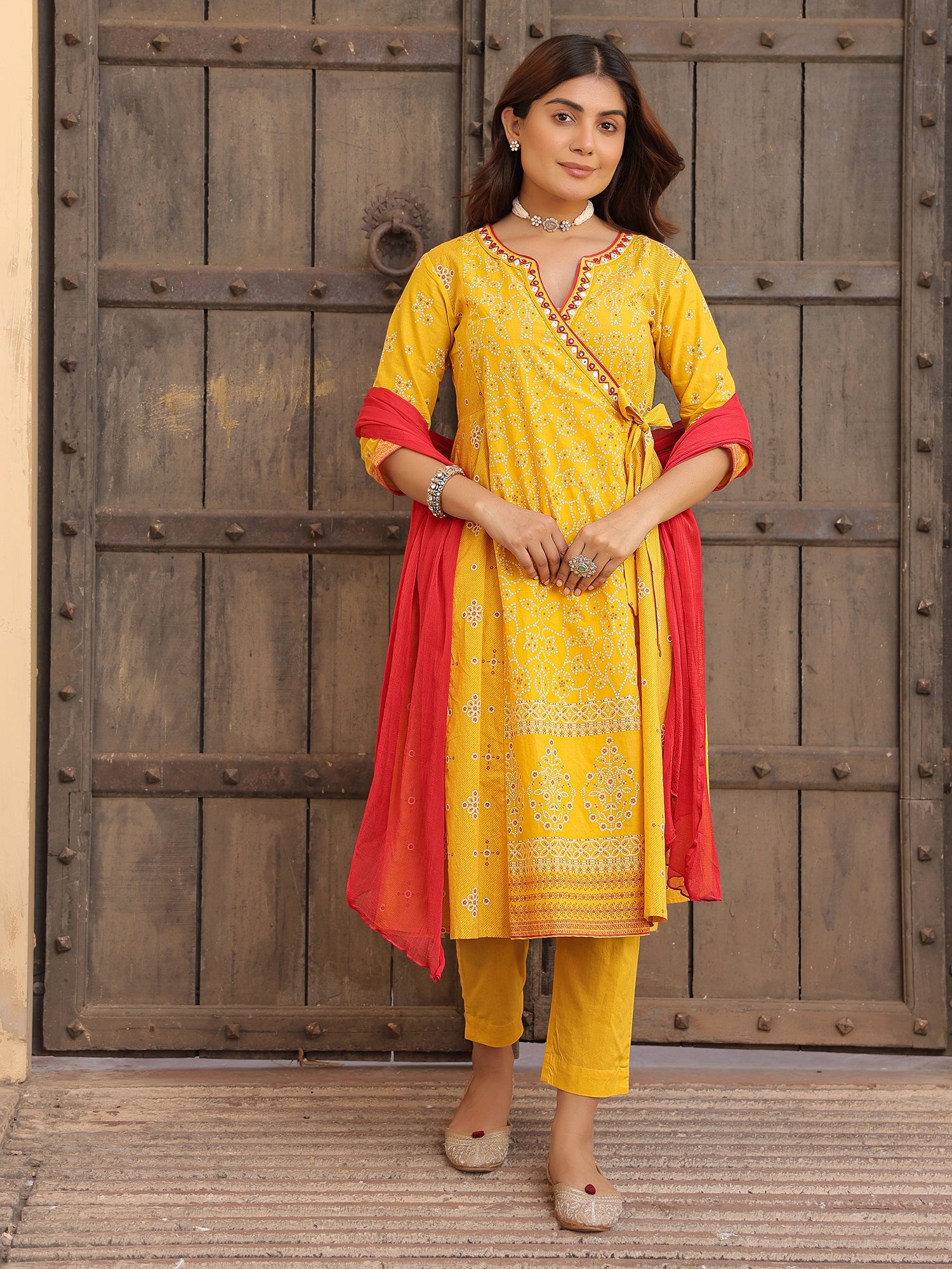 Juniper Mustard Bandhani Print Angrakha Cotton Kurta With Pants & Dupatta Set With Mirror Work Embroidery - Distacart