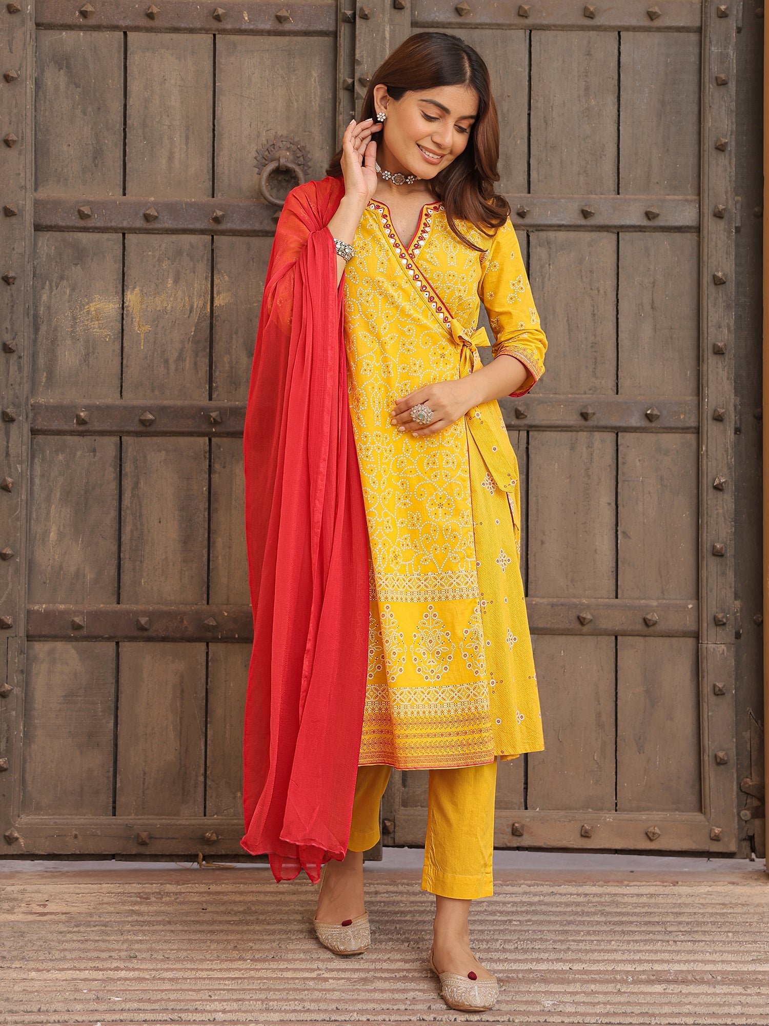 Juniper Mustard Bandhani Print Angrakha Cotton Kurta With Pants & Dupatta Set With Mirror Work Embroidery - Distacart