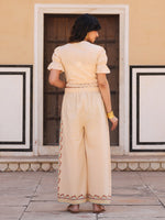Thumbnail for Juniper Beige Floral Printed Pure Cotton Crop Top & Pants With Thread Work Embroidery - Distacart