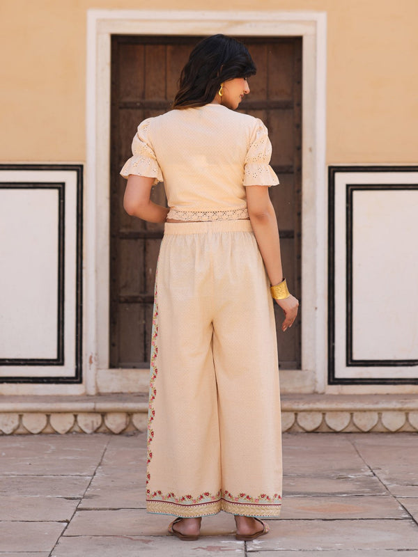 Juniper Beige Floral Printed Pure Cotton Crop Top & Pants With Thread Work Embroidery - Distacart