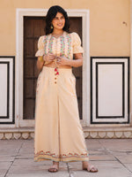 Thumbnail for Juniper Beige Floral Printed Pure Cotton Crop Top & Pants With Thread Work Embroidery - Distacart