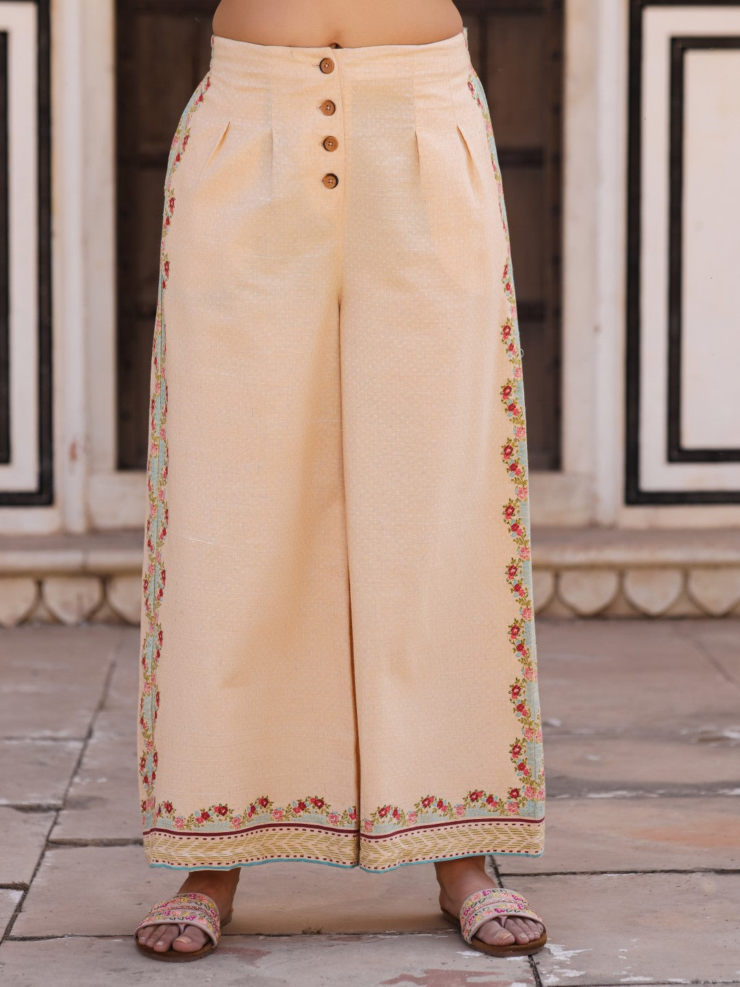 Juniper Beige Floral Printed Pure Cotton Crop Top & Pants With Thread Work Embroidery - Distacart