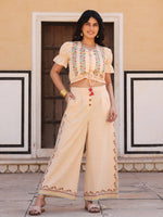 Thumbnail for Juniper Beige Floral Printed Pure Cotton Crop Top & Pants With Thread Work Embroidery - Distacart