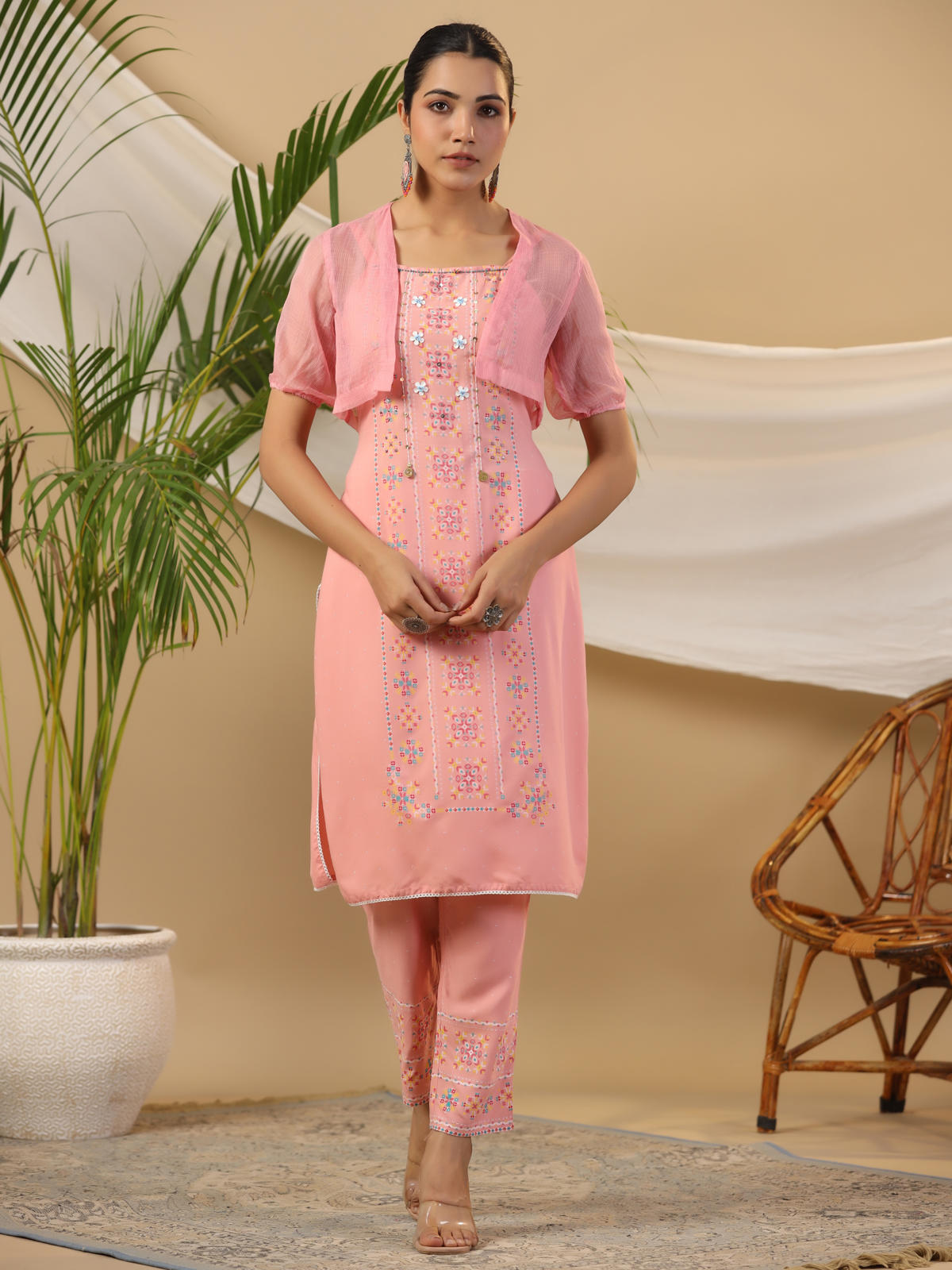 Juniper Women's Peach Geometric Printed Rayon Kurta Pants & Jacket With Sequins Work - Distacart