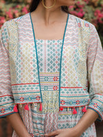 Thumbnail for Juniper Women Ivory Cotton Cambric Printed Tiered Maxi Dress with Shrug - Distacart