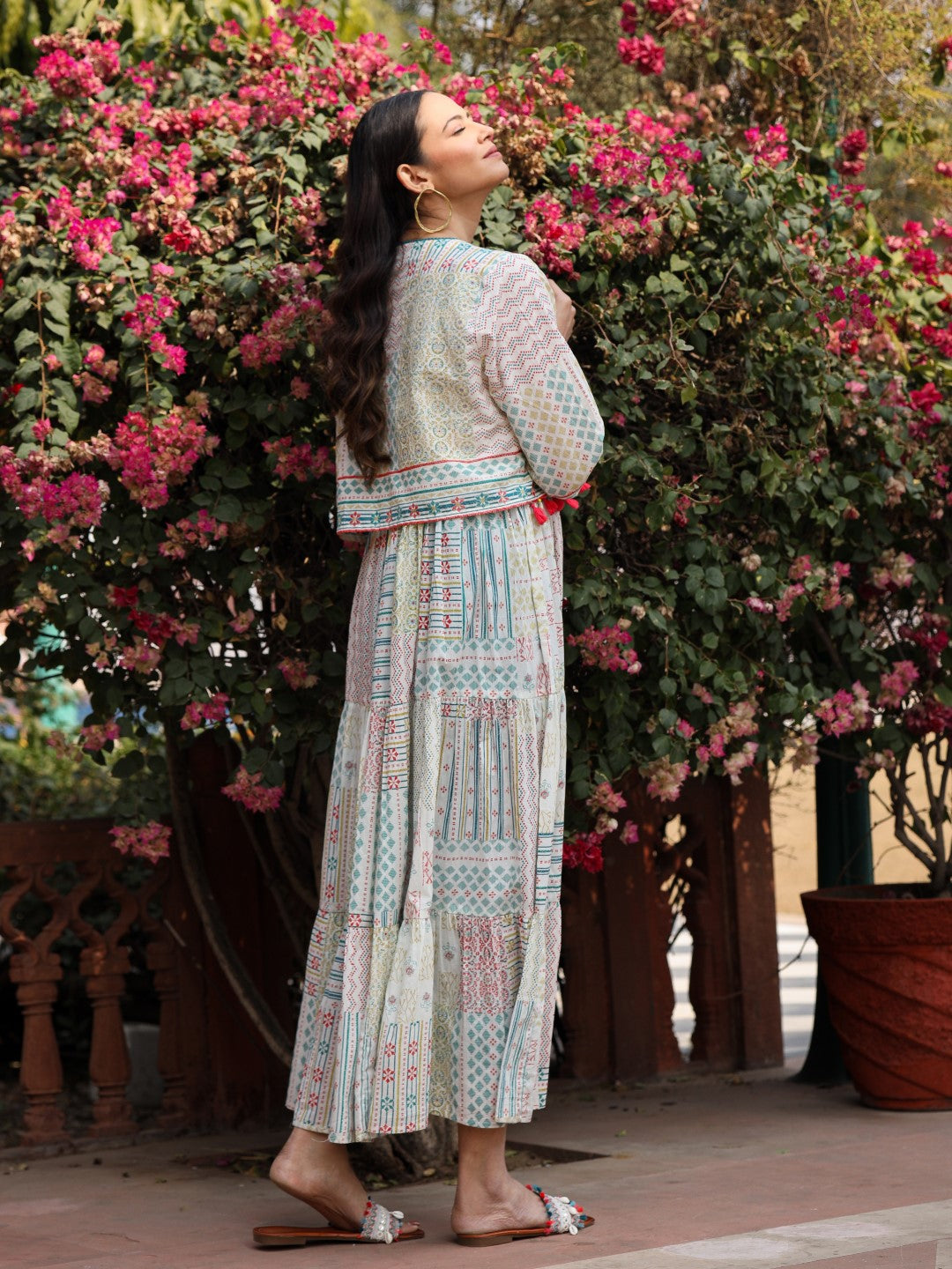 Juniper Women Ivory Cotton Cambric Printed Tiered Maxi Dress with Shrug - Distacart