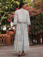 Thumbnail for Juniper Women Ivory Cotton Cambric Printed Tiered Maxi Dress with Shrug - Distacart