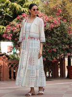 Thumbnail for Juniper Women Ivory Cotton Cambric Printed Tiered Maxi Dress with Shrug - Distacart
