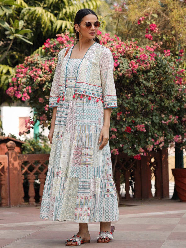 Juniper Women Ivory Cotton Cambric Printed Tiered Maxi Dress with Shrug - Distacart