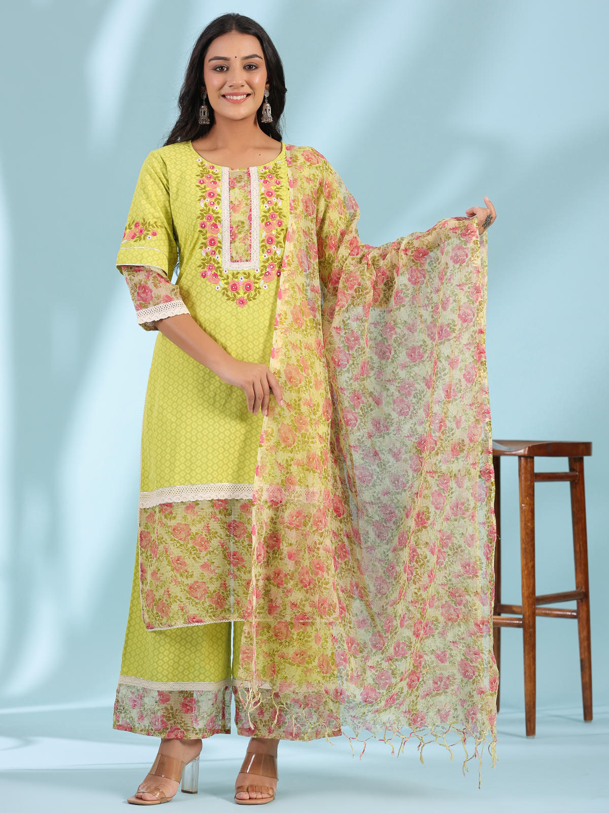 Juniper Women's The Madhubala Green Floral Print & Lacy Pure Cotton Kurta&Palazzo Set With Kota Doria Print Dupatta - Distacart