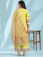 Thumbnail for Juniper Women's The Madhubala Green Floral Print & Lacy Pure Cotton Kurta&Palazzo Set With Kota Doria Print Dupatta - Distacart