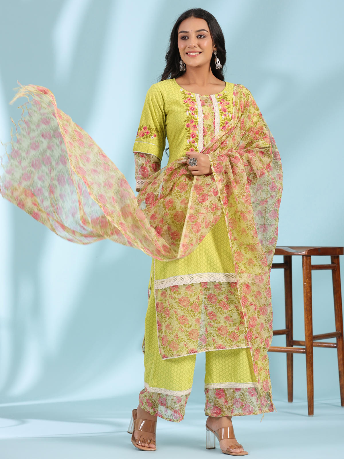 Juniper Women's The Madhubala Green Floral Print & Lacy Pure Cotton Kurta&Palazzo Set With Kota Doria Print Dupatta - Distacart