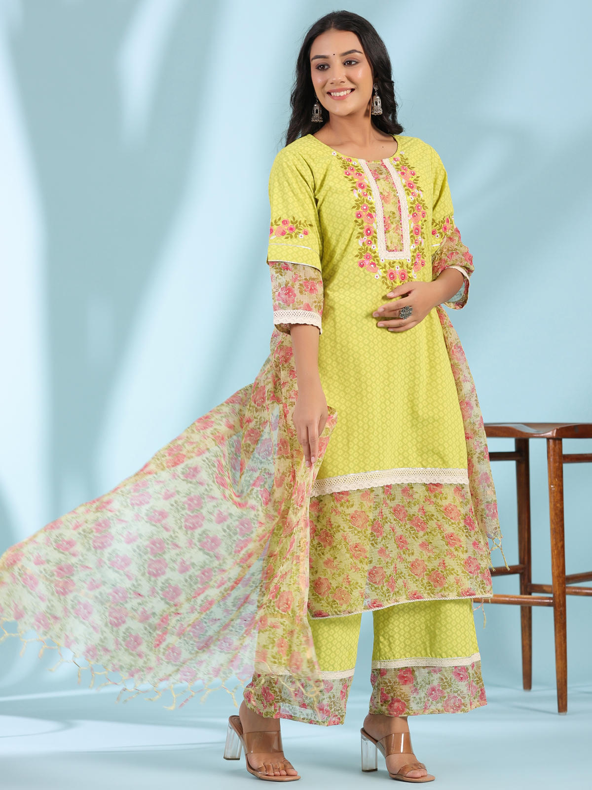Juniper Women's The Madhubala Green Floral Print & Lacy Pure Cotton Kurta&Palazzo Set With Kota Doria Print Dupatta - Distacart