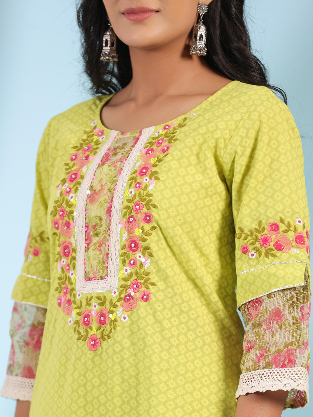 Juniper Women's The Madhubala Green Floral Print & Lacy Pure Cotton Kurta&Palazzo Set With Kota Doria Print Dupatta - Distacart
