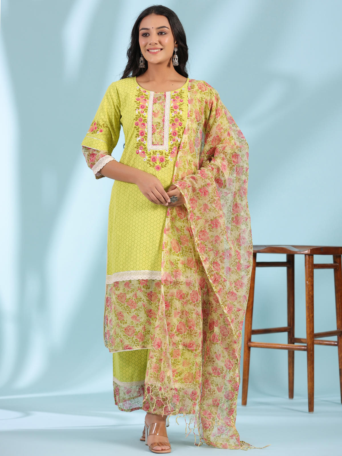 Juniper Women's The Madhubala Green Floral Print & Lacy Pure Cotton Kurta&Palazzo Set With Kota Doria Print Dupatta - Distacart
