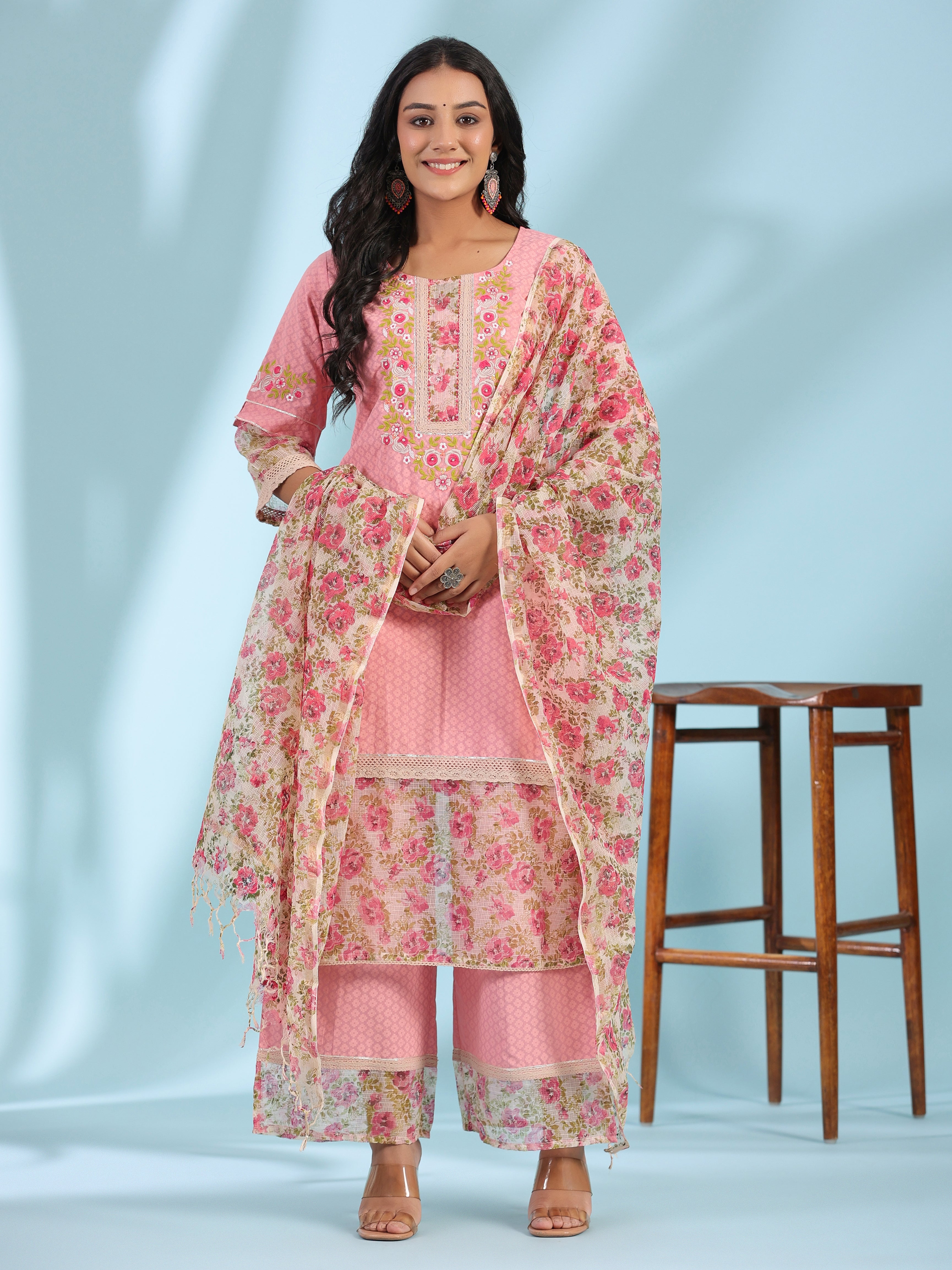 Juniper Pink Floral Printed & Laced Pure Cotton Kurta Palazzo Set With Printed Kota Doria Dupatta (3-Pcs) - Distacart