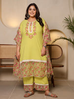 Thumbnail for Juniper Women's The Madhubala Lime Green Floral Printed Plus Size Kurta Set - Distacart