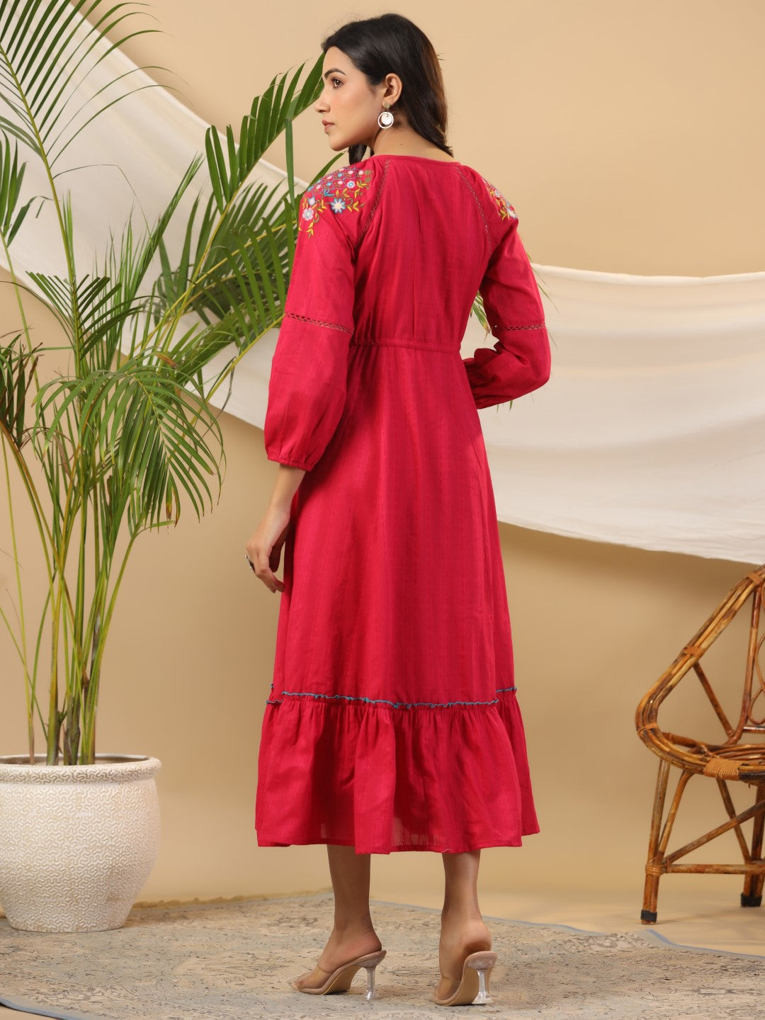 Juniper Fuchsia Floral Embroidered Cotton Dobby Tiered Maxi Dress With Kaudis & Colourful Tassels - Distacart