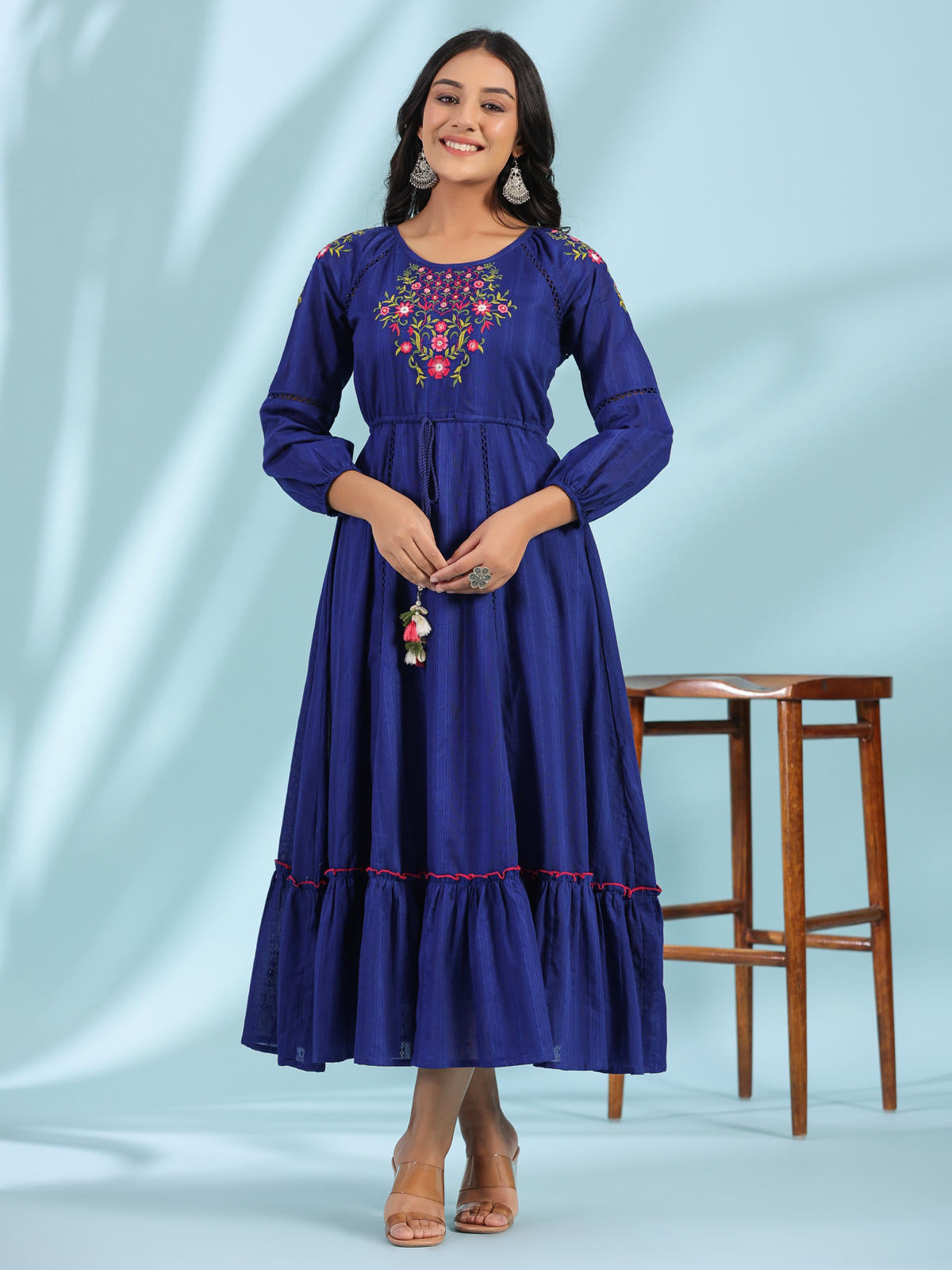 Juniper Women's Indigo Floral Embroidered Cotton Dobby Tiered Maxi Dress With Kaudis & Colourful Tassels - Distacart