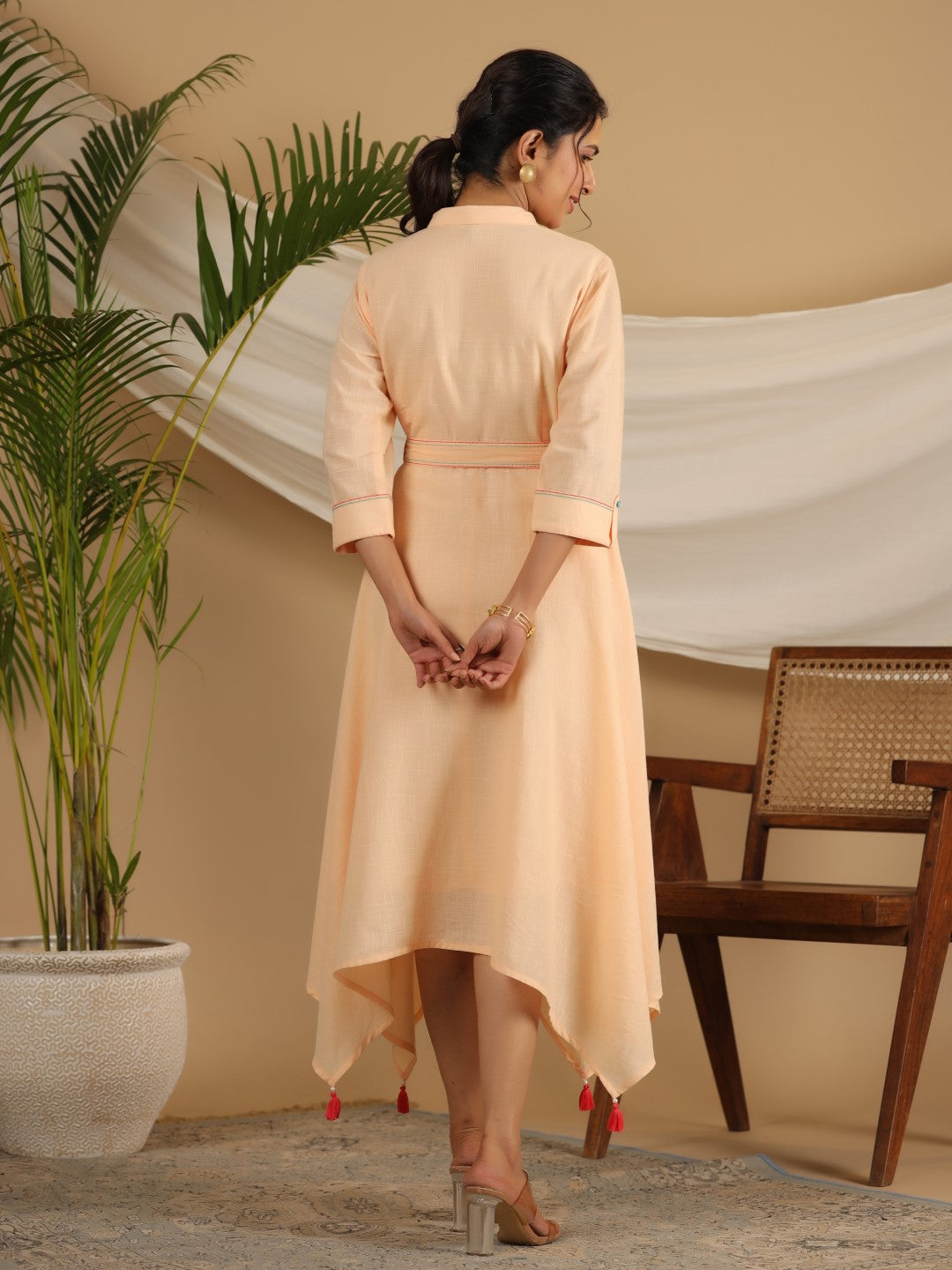 Juniper Peach Fit & Flare Belted Asymmetrical Maxi Dress With Floral Thread Embroidery - Distacart