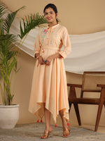Thumbnail for Juniper Peach Fit & Flare Belted Asymmetrical Maxi Dress With Floral Thread Embroidery - Distacart