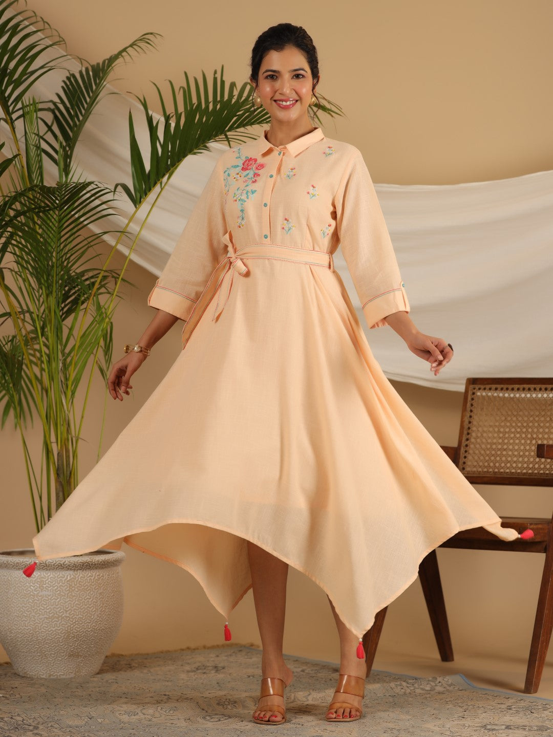 Juniper Peach Fit & Flare Belted Asymmetrical Maxi Dress With Floral Thread Embroidery - Distacart