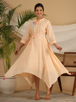 Thumbnail for Juniper Peach Fit & Flare Belted Asymmetrical Maxi Dress With Floral Thread Embroidery - Distacart