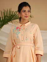 Thumbnail for Juniper Peach Fit & Flare Belted Asymmetrical Maxi Dress With Floral Thread Embroidery - Distacart