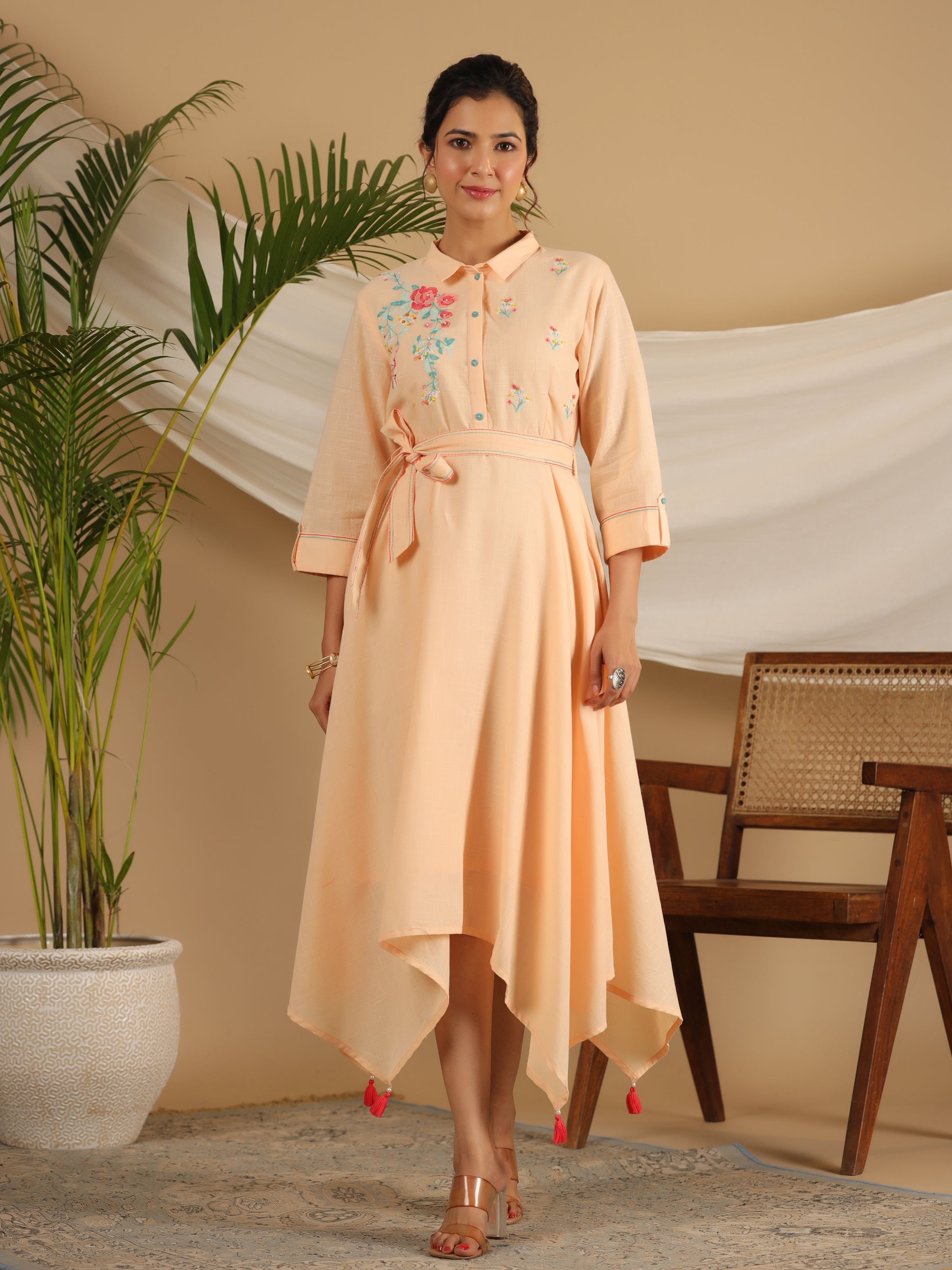 Juniper Peach Fit & Flare Belted Asymmetrical Maxi Dress With Floral Thread Embroidery - Distacart