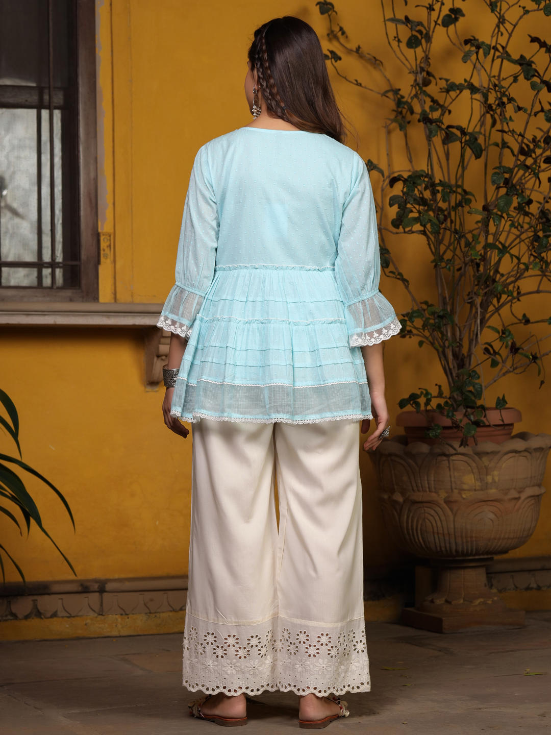 Juniper Sky Blue Solid Peplum Lacy Keyhole Neckline Tunic With Lining - Distacart
