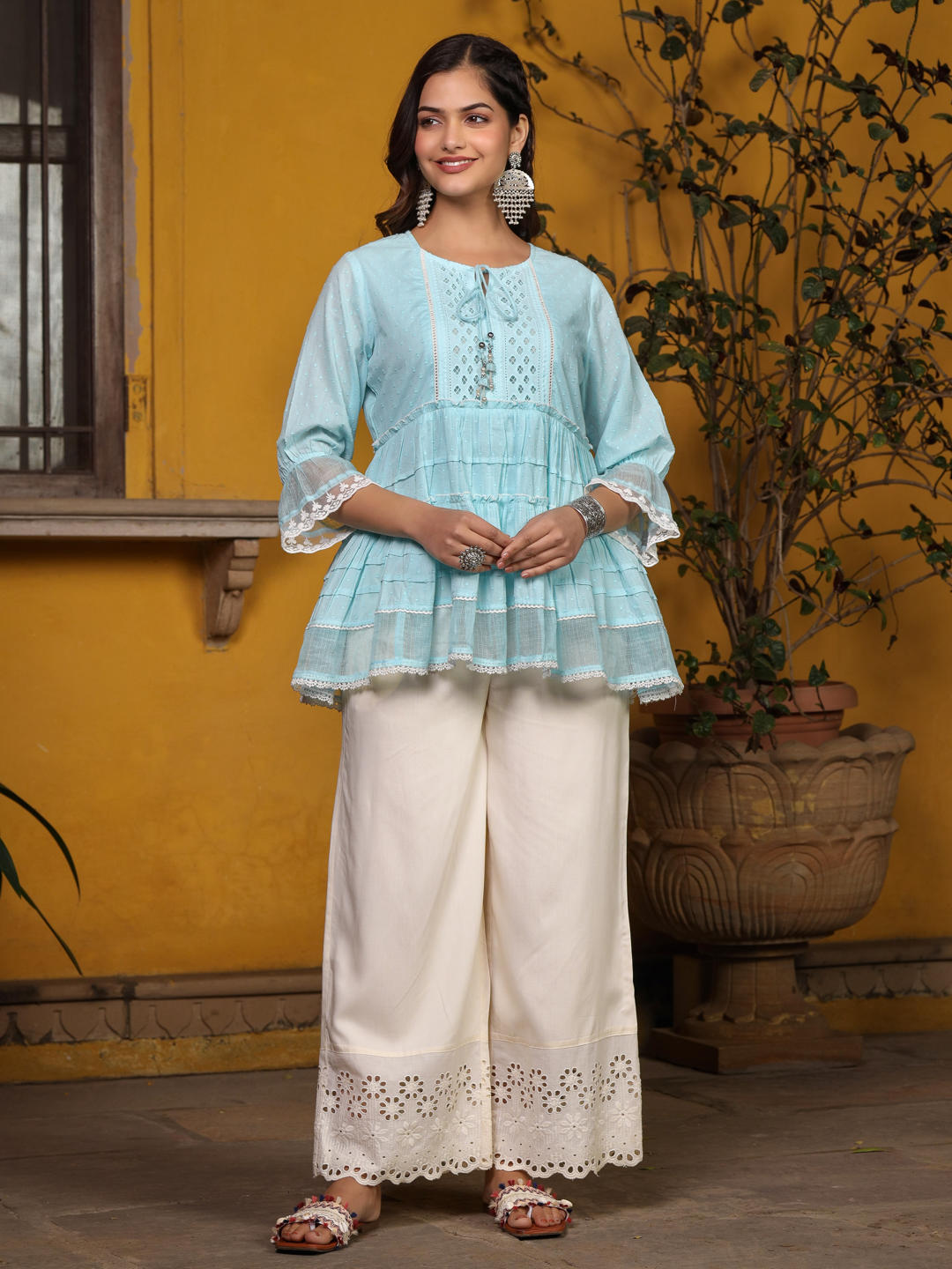 Juniper Sky Blue Solid Peplum Lacy Keyhole Neckline Tunic With Lining - Distacart