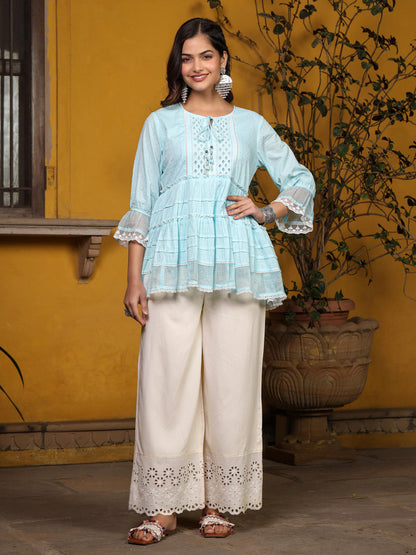 Juniper Sky Blue Solid Peplum Lacy Keyhole Neckline Tunic With Lining - Distacart