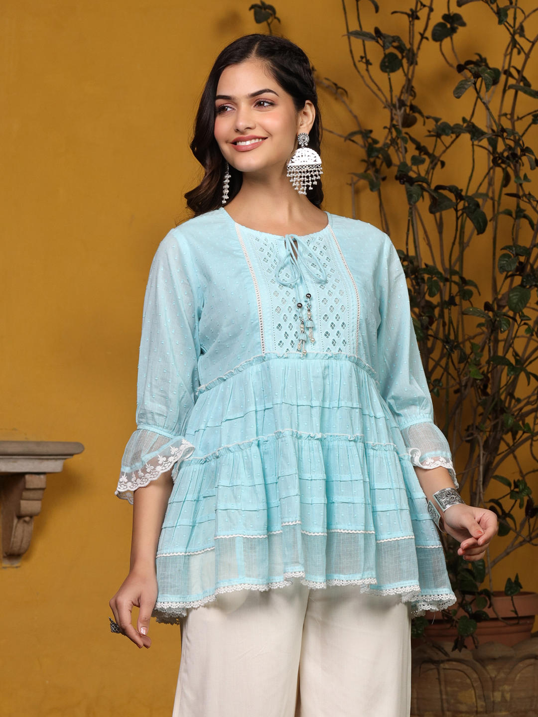 Juniper Sky Blue Solid Peplum Lacy Keyhole Neckline Tunic With Lining - Distacart