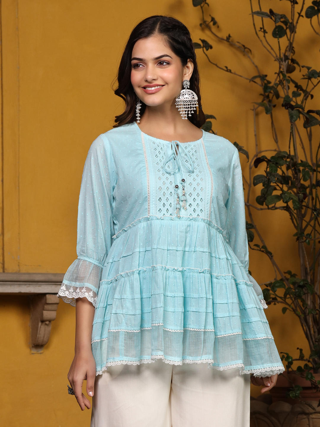 Juniper Sky Blue Solid Peplum Lacy Keyhole Neckline Tunic With Lining - Distacart