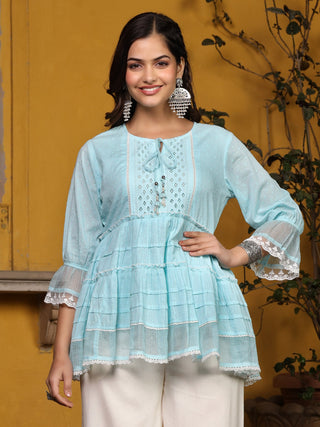 Juniper Sky Blue Solid Peplum Lacy Keyhole Neckline Tunic With Lining - Distacart