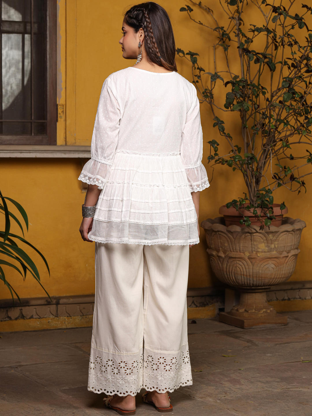 Juniper White Solid Peplum Lacy Keyhole Neckline Tunic With Lining - Distacart