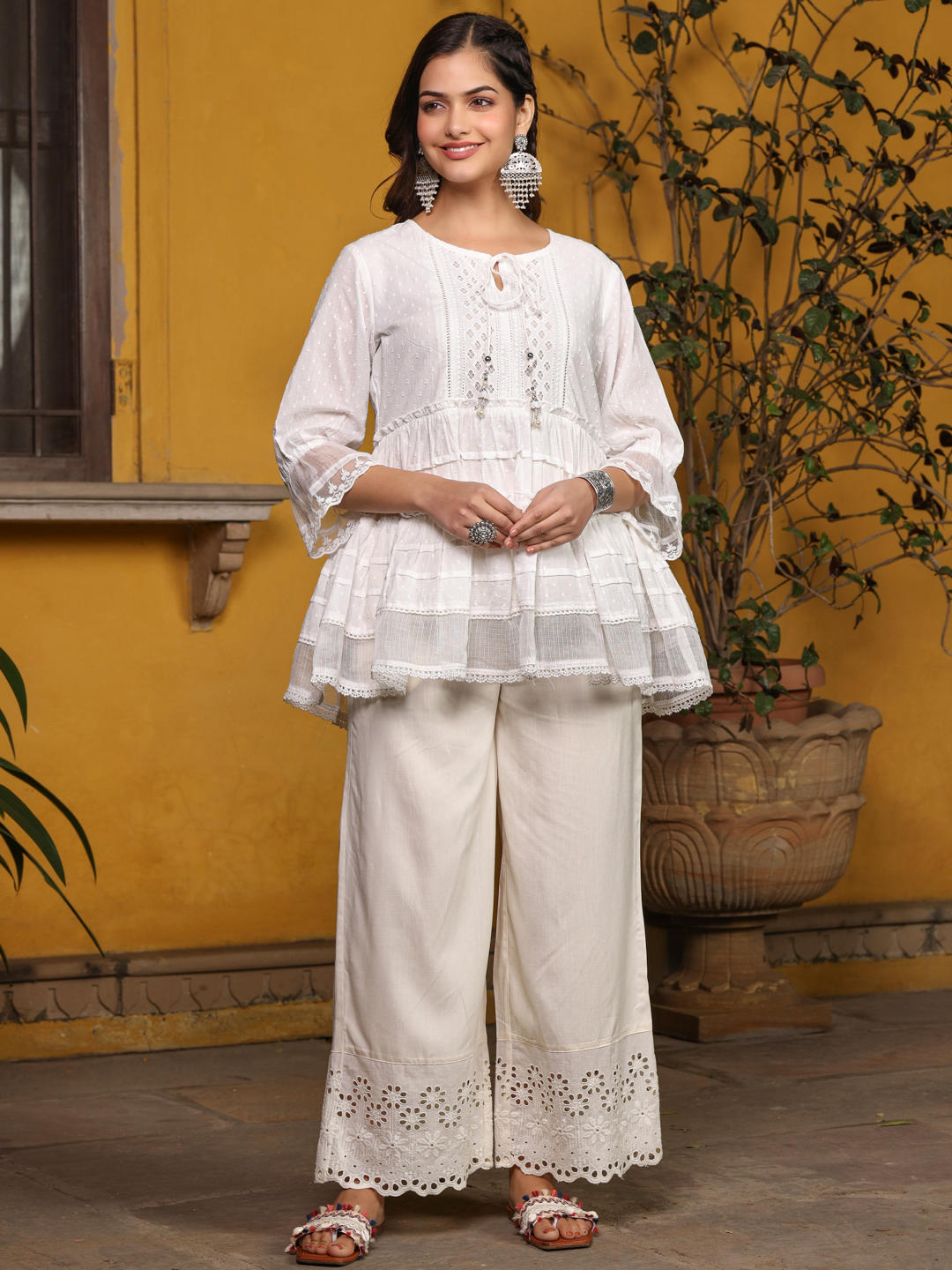 Juniper White Solid Peplum Lacy Keyhole Neckline Tunic With Lining - Distacart