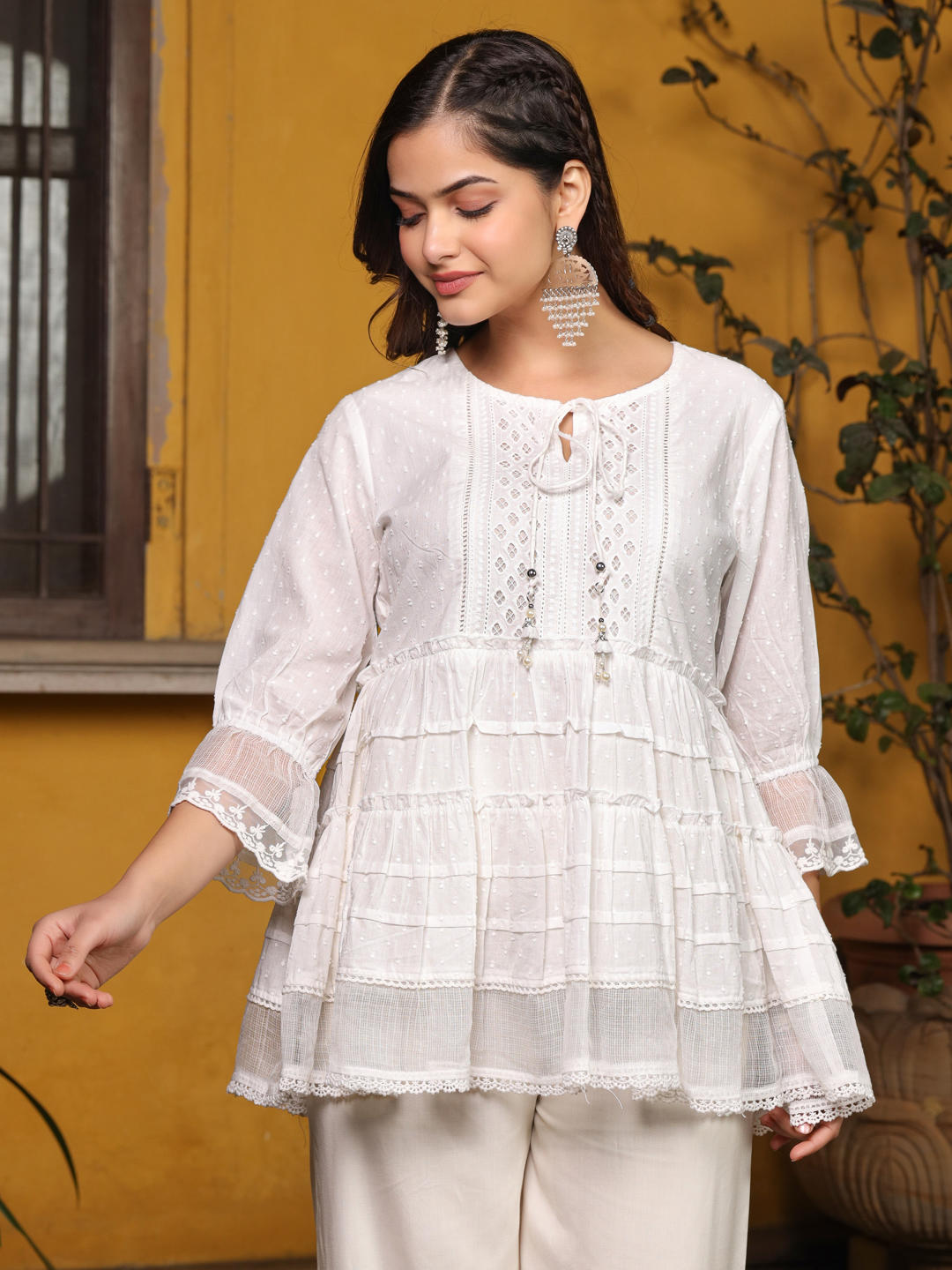 Juniper White Solid Peplum Lacy Keyhole Neckline Tunic With Lining - Distacart