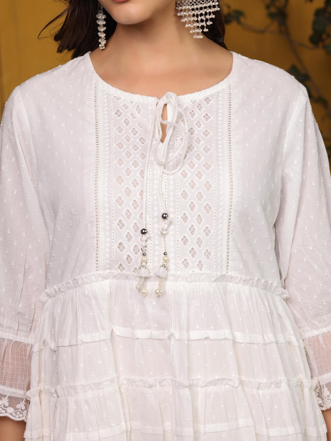 Juniper White Solid Peplum Lacy Keyhole Neckline Tunic With Lining - Distacart
