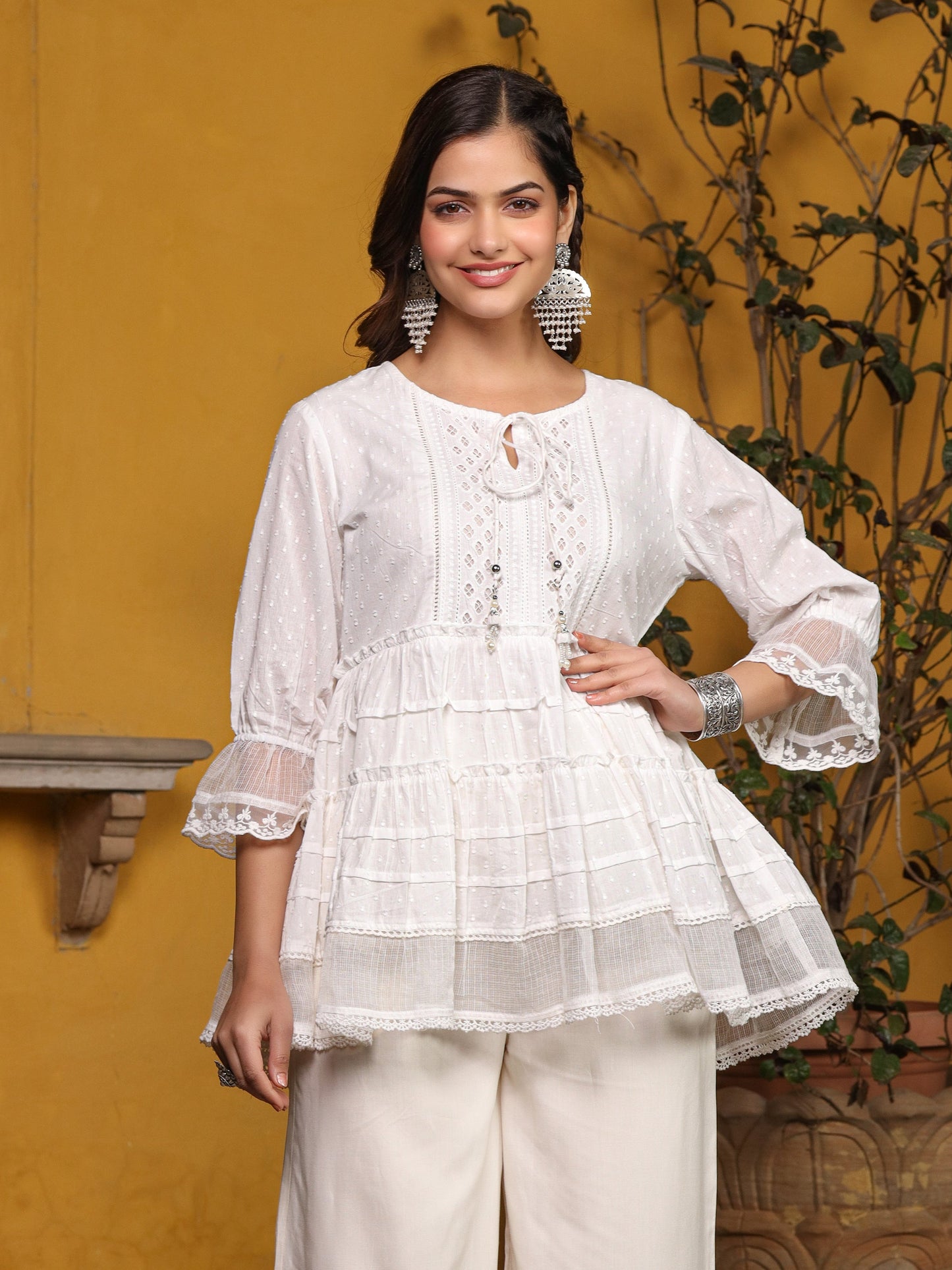 Juniper White Solid Peplum Lacy Keyhole Neckline Tunic With Lining - Distacart