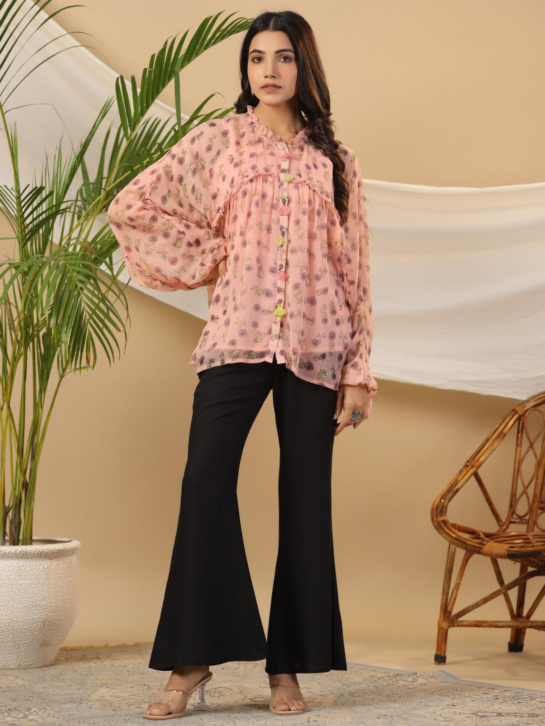 Juniper Peach Floral Printed Chiffon Tunic With Inner - Distacart